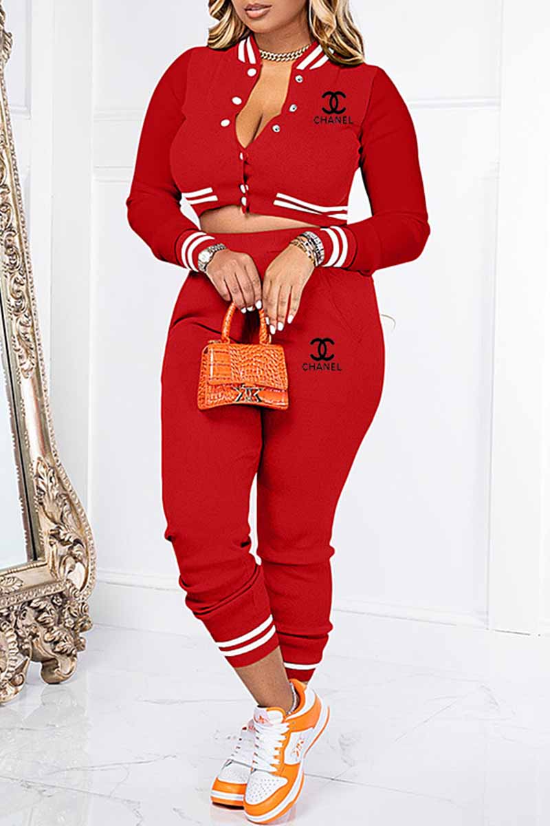 

Red Casual Print Letter Mandarin Collar Long Sleeve Two Pieces