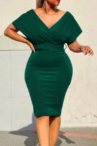 グリーン カジュアル エレガント ソリッド パッチワーク ベルト付き Vネック ペンシルスカート ドレス