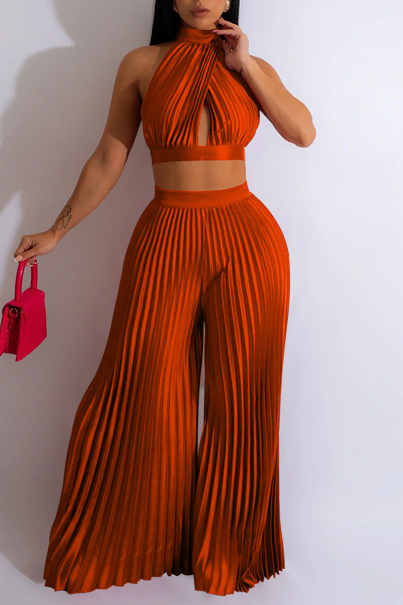 

Tangerine Red Sexy Solid Hollowed Out Patchwork Backless Fold Halter Sleeveless Two Pieces