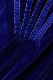 ブルー セクシー ソリッド パッチワーク バックレス オフショルダー ロングスリーブ ドレス