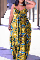 Geelblauwe casual print patchwork spaghettibandje lantaarnrok Grote maten jurken