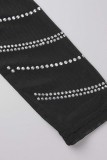 Zwarte sexy patchwork hete boren doorzichtige jurken met lange mouwen en split O-hals