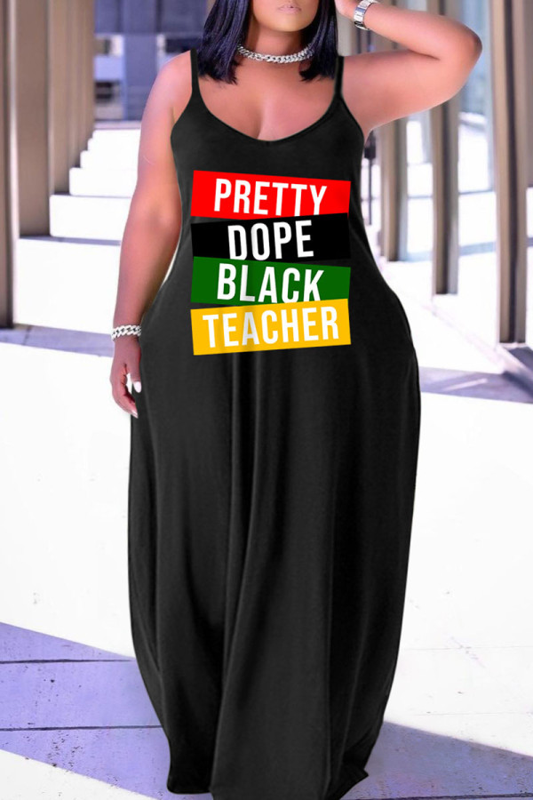 Falda de farol con tiras de espagueti y patchwork con estampado casual negro Vestidos de talla grande