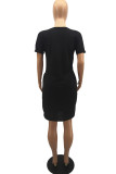 Zwarte casual print basic jurk met V-hals en korte mouwen