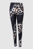 Pantalones casual estampado leopardo patchwork flaco cintura alta lápiz estampado completo negro