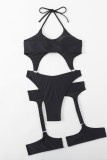 Costumi da bagno senza schienale patchwork scavati con fasciatura solida nera sexy (con imbottiture)
