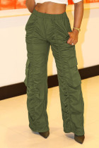 Tasca patchwork tinta unita casual verde militare Piega a vita alta Pantaloni dritti in tinta unita