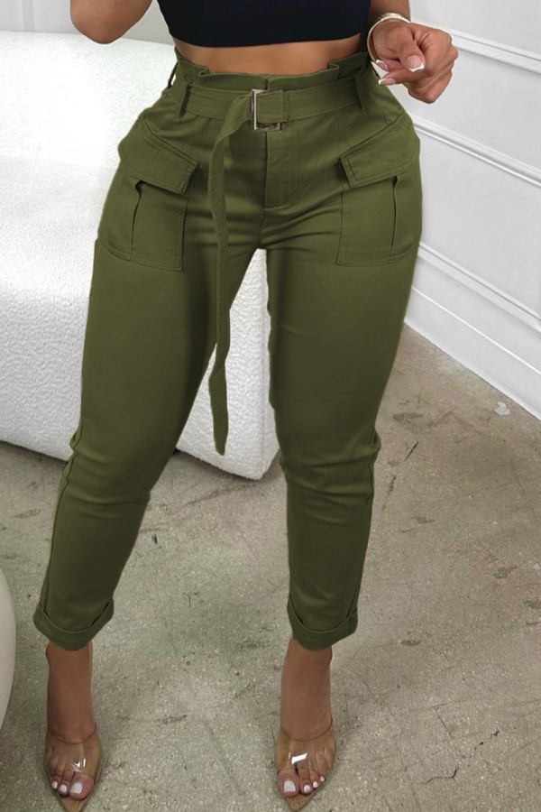 Pantalon de couleur unie conventionnel à taille haute en patchwork uni décontracté vert armée
