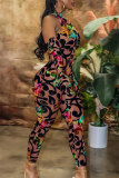 Rose Red Sexy Print Basic Printing O-hals Normale jumpsuits