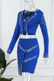 Blue Sexy Patchwork Hot Drill V Neck Long Sleeve Two Pieces