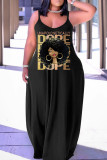 ブラック ゴールド カジュアル プリント パッチワーク スパゲッティ ストラップ ランタン スカート プラス サイズのドレス
