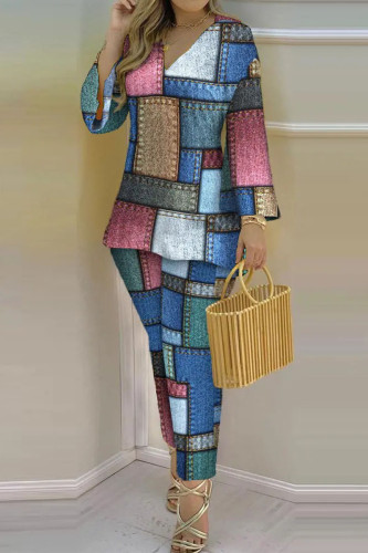 Powder Blue Casual Print Patchwork V Neck Long Sleeve Two Pieces