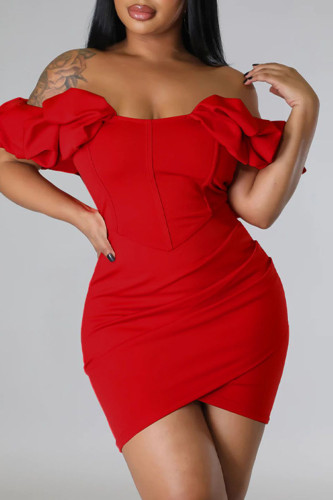 Red Sexy Solid Patchwork Asymmetrical Off the Shoulder Pencil Skirt Dresses