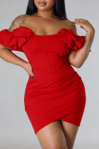Rojo sexy sólido patchwork asimétrico fuera del hombro lápiz falda vestidos