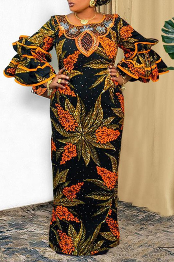 Oranje Casual Print Print Stringy Selvedge O-hals bedrukte jurk Grote maten jurken