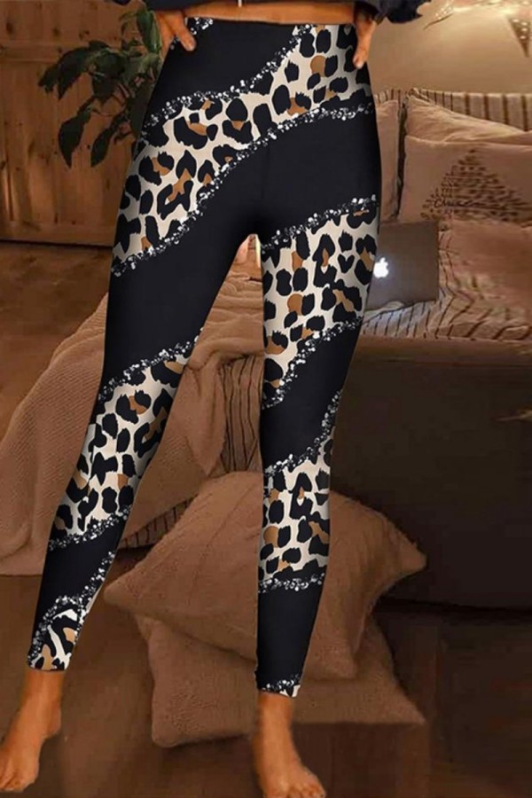 Черные повседневные брюки с леопардовым принтом в стиле пэчворк скинни с высокой талией и карандашом с полным принтом