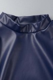 Azul oscuro Casual Sólido Patchwork Medio cuello alto Una línea Vestidos de talla grande