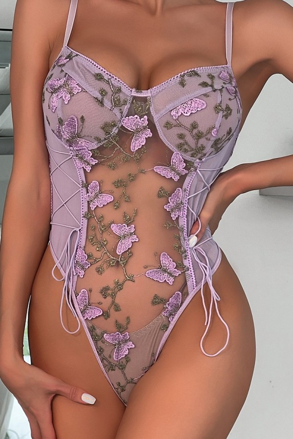 Licht paars sexy patchwork borduurwerk doorzichtige backless lingerie