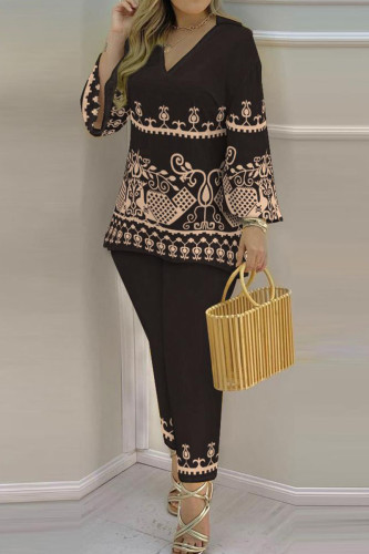 Black Casual Print Patchwork V Neck Long Sleeve Two Pieces
