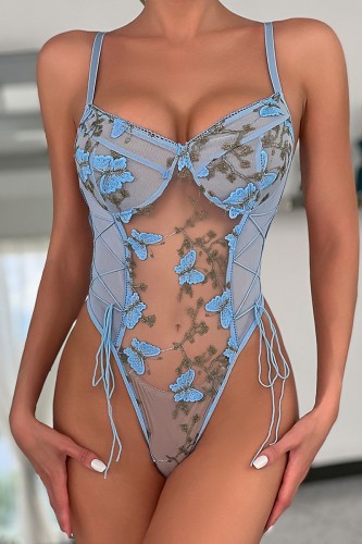 Lichtblauw sexy patchwork borduurwerk doorzichtige backless lingerie