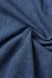 Темно-синие повседневные однотонные рваные лоскутные пряжки с отложным воротником без рукавов с высокой талией обычные джинсовые платья