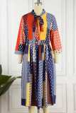 Blauwe casual elegante print patchwork gevouwen lint kraag rechte jurken