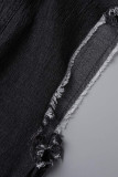 Blu scuro casual solido strappato patchwork fibbia colletto rovesciato senza maniche vita alta abiti in denim regolari