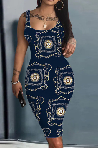 Tibetan Blue Casual Print Patchwork U Neck Pencil Skirt Tank Bodycon Midi Dress