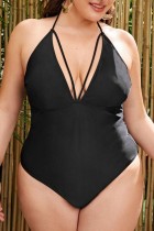 Negro sexy sólido vendaje espalda descubierta halter más tamaño traje de baño (con rellenos)