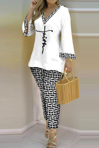 White Casual Print Patchwork V Neck Long Sleeve Two Pieces