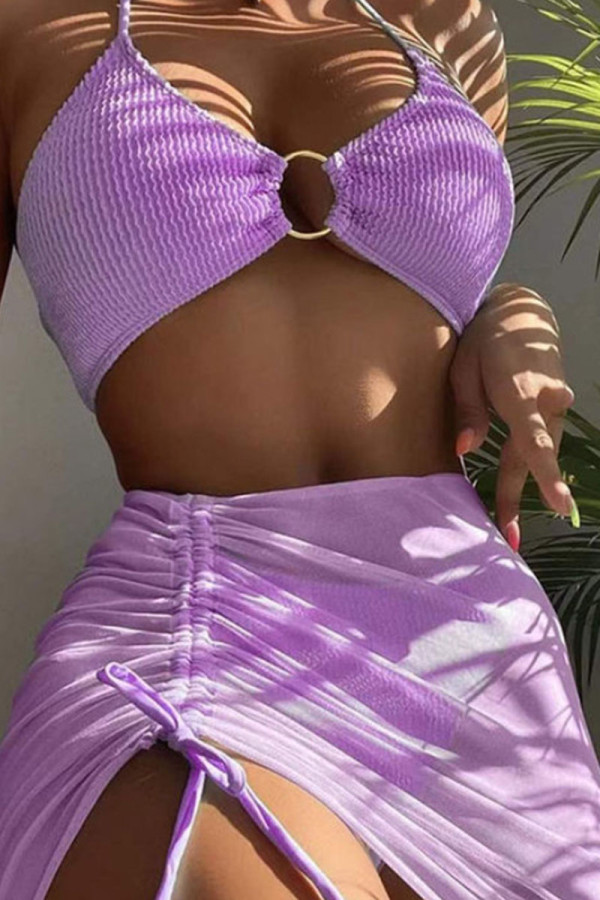 Фиолетовые сексуальные однотонные лоскутные купальники с завязками и складками