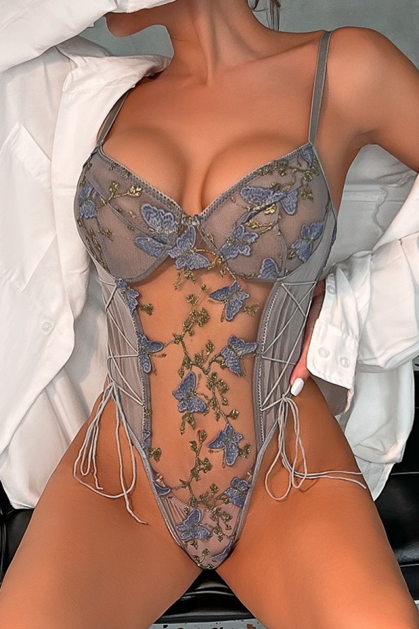 Grijze sexy patchwork borduurwerk doorzichtige backless lingerie