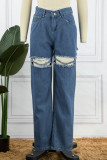 Blue Casual Solid Ripped High Waist Regular Denim Jeans