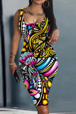 Multi-color Casual Print Patchwork U Neck Pencil Skirt Tank Bodycon Midi Dress