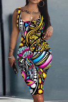 Vestidos de falda lápiz con cuello en U de patchwork con estampado informal multicolor