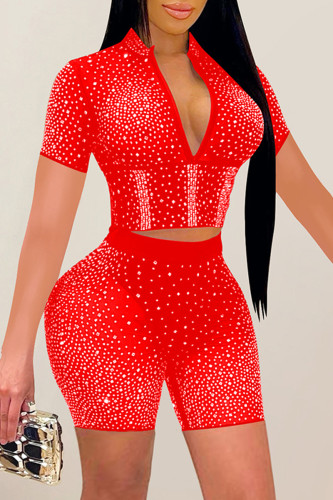 Red Sexy Patchwork Hot Drill Zipper Collar Long Sleeve Two Pieces