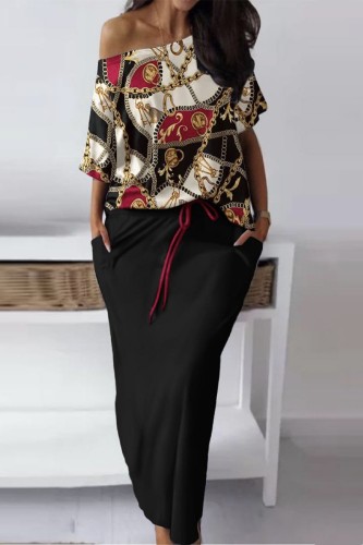 Black Red Casual Print Basic Oblique Collar Half Sleeve Two Pieces