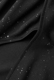 Schwarze, sexy Patchwork-Pailletten, durchsichtige, langärmlige Kleider mit V-Ausschnitt