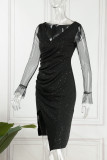 Schwarze, sexy Patchwork-Pailletten, durchsichtige, langärmlige Kleider mit V-Ausschnitt