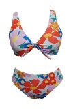 Multicolor Sexy Print Backless V Neck Plus Size Swimwear (With Paddings)