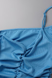 ブルー セクシー ソリッド パッチワーク フォールド スパゲッティ ストラップ ペンシル スカート ドレス