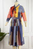 Blauwe casual elegante print patchwork gevouwen lint kraag rechte jurken
