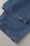 Blå Casual Solid Ripped High Waist Regular Denim Jeans