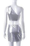 Silver Sexy Solid Patchwork One Shoulder Sleeveless Two Pieces