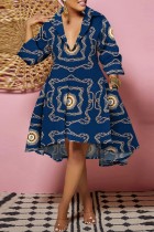 Синие повседневные платья в стиле пэчворк с V-образным вырезом и принтом