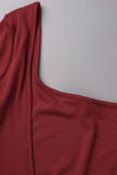 Темно-красный Повседневная спортивная одежда Однотонные узкие комбинезоны с U-образным вырезом в стиле пэчворк