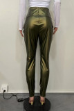 Pantalones casuales de color sólido de cintura alta con retazos sólidos de calle verde