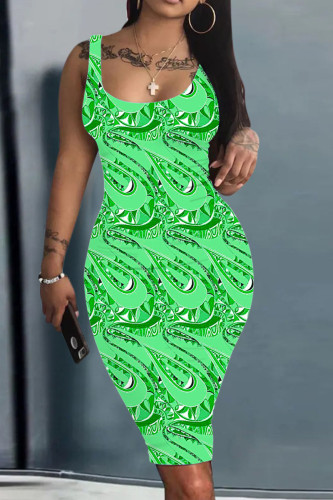 Green Casual Print Patchwork U Neck Pencil Skirt Tank Bodycon Midi Dress