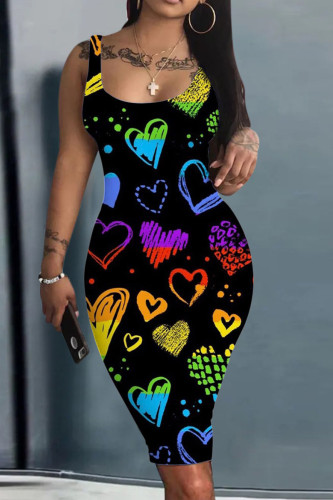 Black Purple Casual Print Patchwork U Neck Pencil Skirt Tank Bodycon Midi Dress