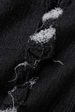 Blu scuro casual solido strappato patchwork fibbia colletto rovesciato senza maniche vita alta abiti in denim regolari